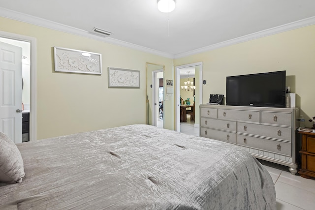 tiled bedroom featuring ensuite bathroom, crown molding, and an inviting chandelier