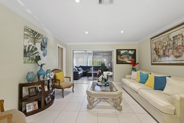 tiled living room with crown molding