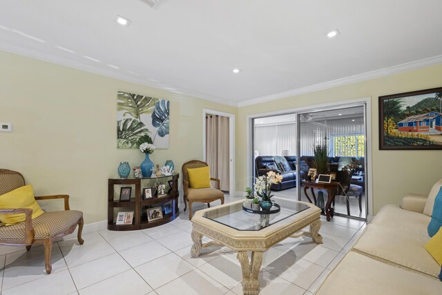 living room featuring crown molding and light tile patterned flooring