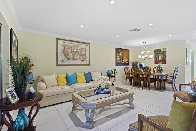 tiled living room featuring an inviting chandelier and ornamental molding