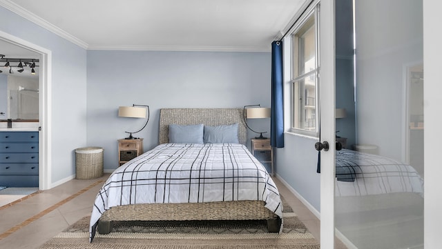 bedroom featuring tile flooring, ensuite bathroom, and crown molding