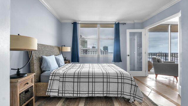 bedroom featuring tile floors and crown molding