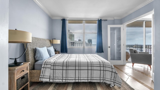 tiled bedroom with a city view and crown molding
