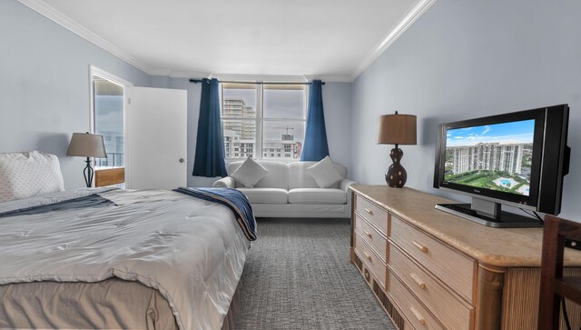 carpeted bedroom with ornamental molding