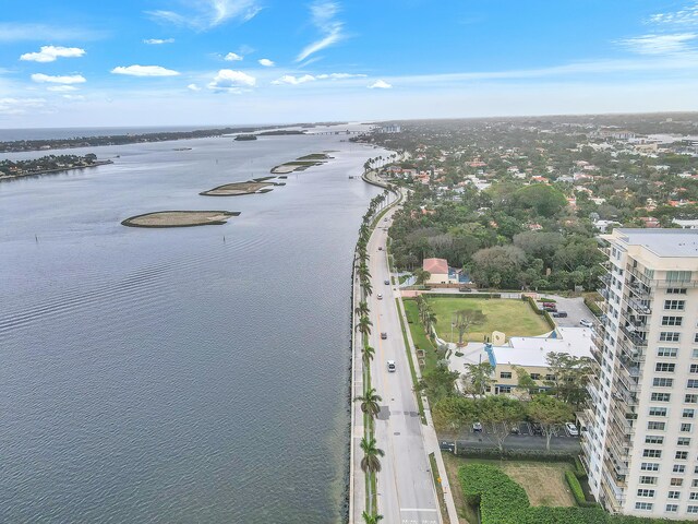 drone / aerial view featuring a water view