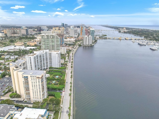 bird's eye view featuring a water view and a city view