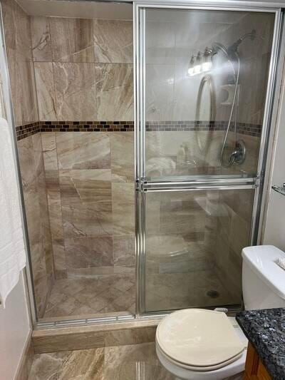 bathroom featuring vanity, a shower with shower door, and toilet