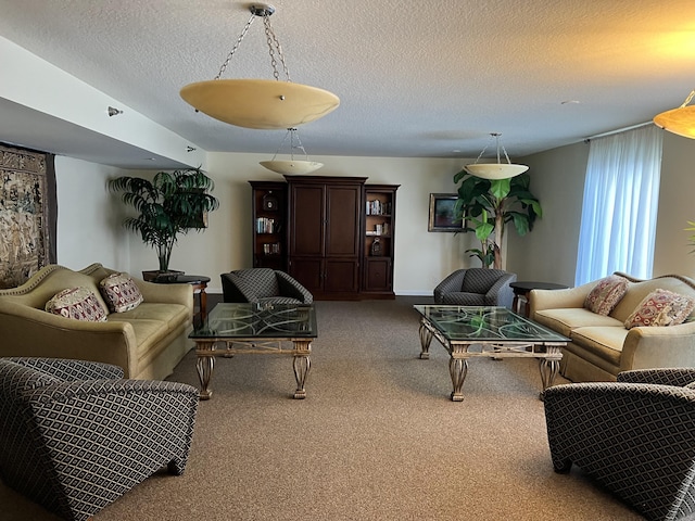 carpeted living room with a textured ceiling