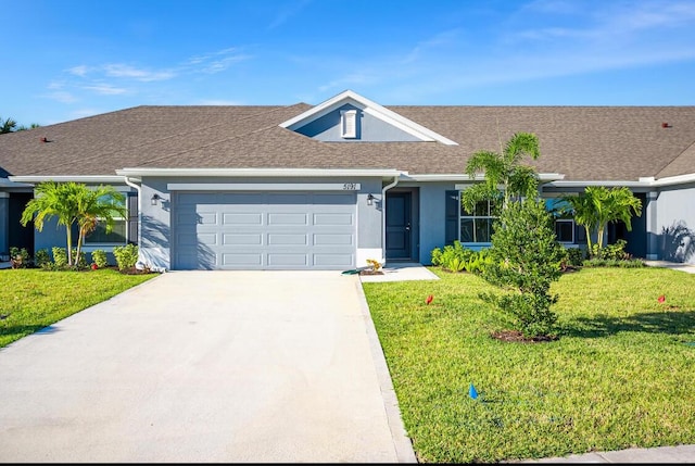 ranch-style house with a front yard and a garage