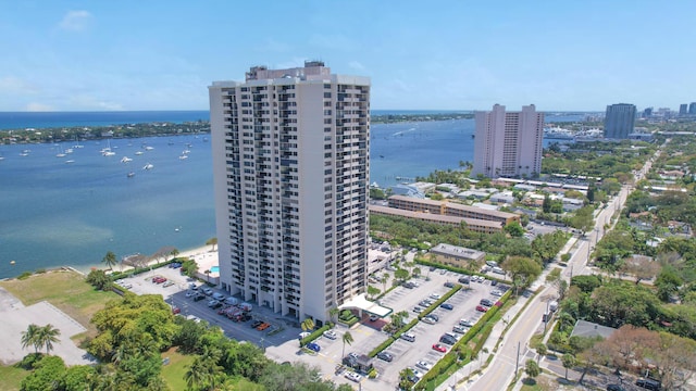 birds eye view of property featuring a water view