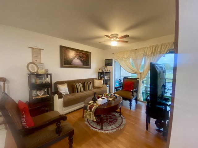 living room with hardwood / wood-style flooring and ceiling fan