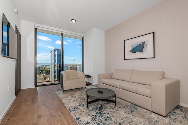 living room featuring hardwood / wood-style flooring and expansive windows