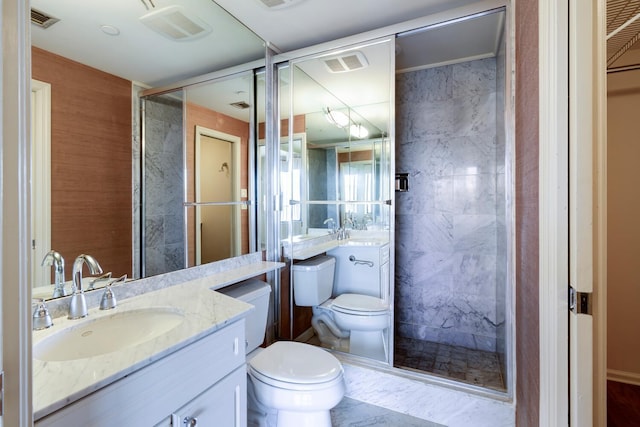 bathroom with a shower with shower door, tile walls, toilet, and vanity