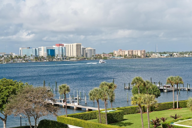 view of water feature with a dock