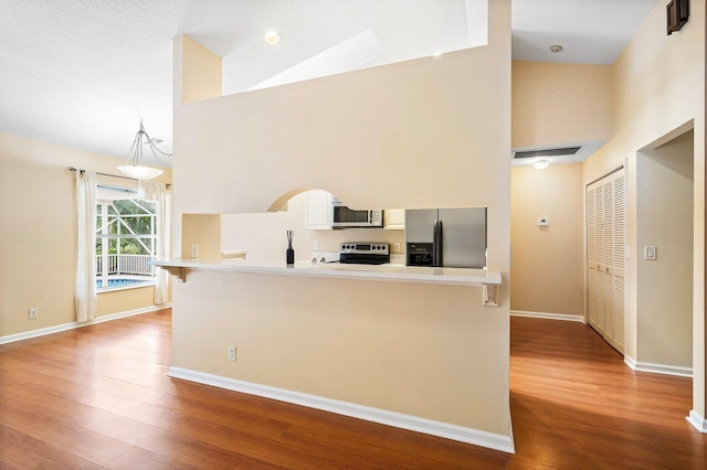 kitchen featuring light hardwood / wood-style floors, kitchen peninsula, high vaulted ceiling, and stainless steel appliances