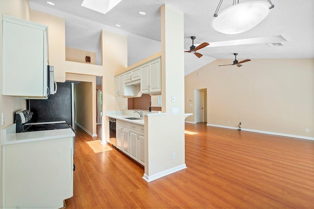 kitchen featuring a skylight, light hardwood / wood-style flooring, sink, and ceiling fan