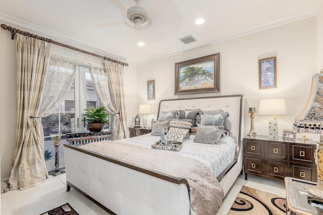 bedroom with crown molding and ceiling fan