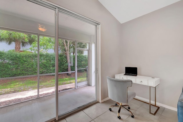 tiled office with lofted ceiling