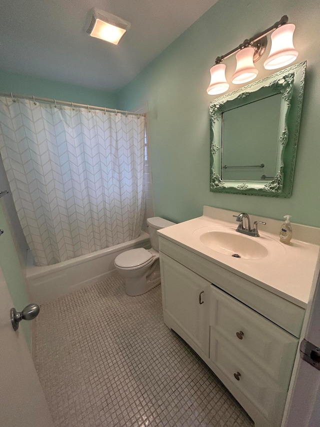 full bathroom with shower / bath combination with curtain, tile flooring, toilet, and oversized vanity