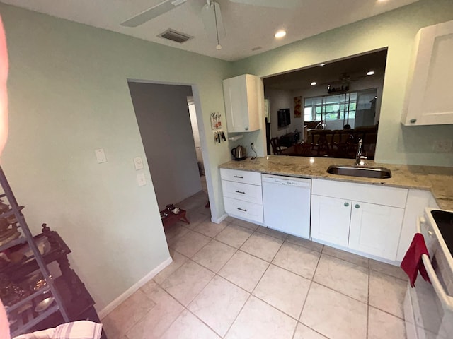 kitchen with white cabinetry, white appliances, sink, light tile flooring, and ceiling fan