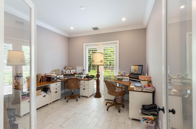 office space featuring crown molding