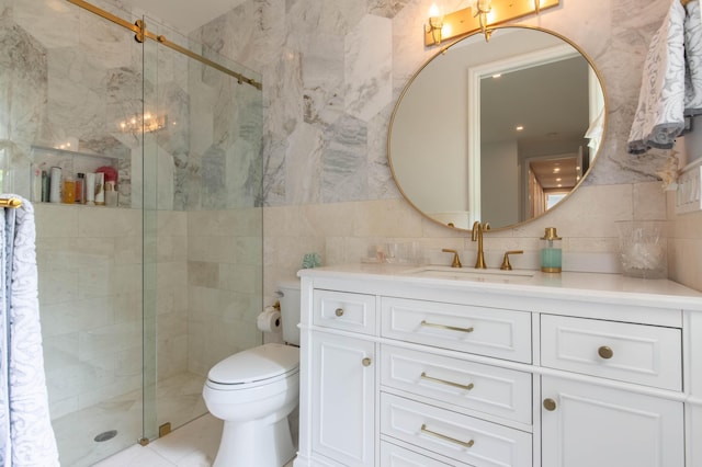 bathroom with tasteful backsplash, tile walls, and a shower with door