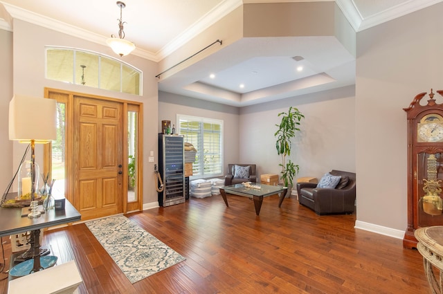 entrance foyer with hardwood / wood-style floors, a tray ceiling, and ornamental molding