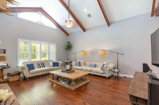 living room featuring high vaulted ceiling, dark hardwood / wood-style flooring, and beam ceiling