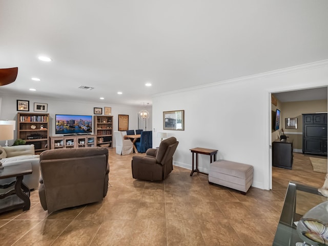 living room with crown molding