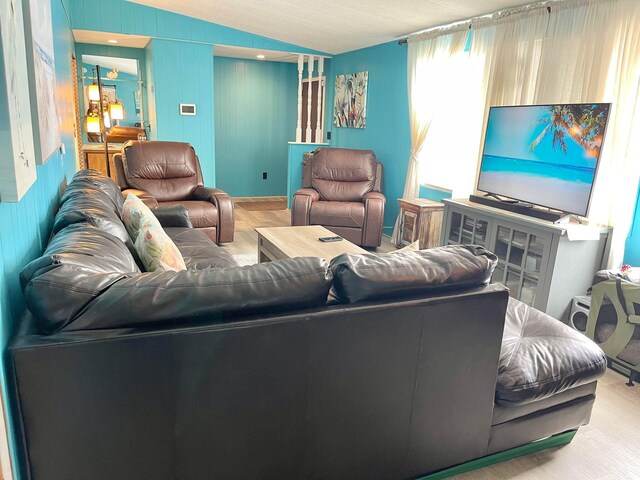 living room featuring lofted ceiling and wood-type flooring