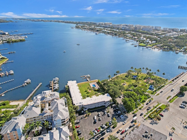 drone / aerial view with a water view