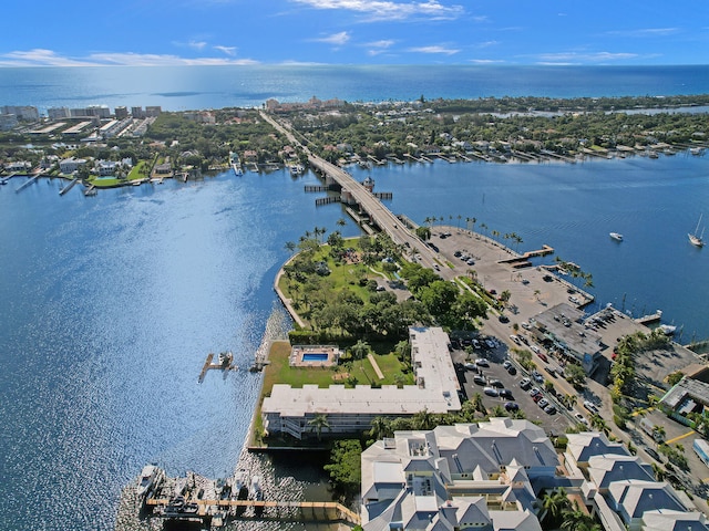 drone / aerial view featuring a water view