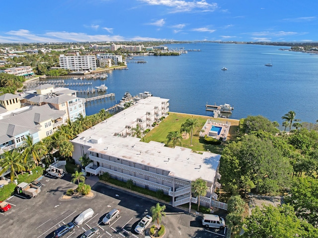 bird's eye view with a water view