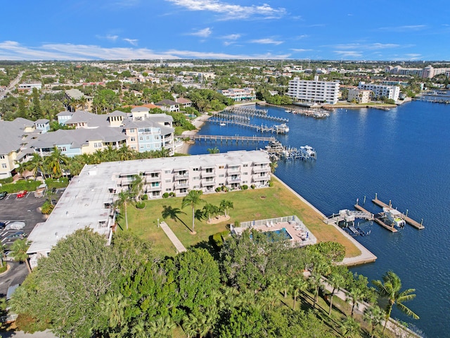 drone / aerial view with a water view