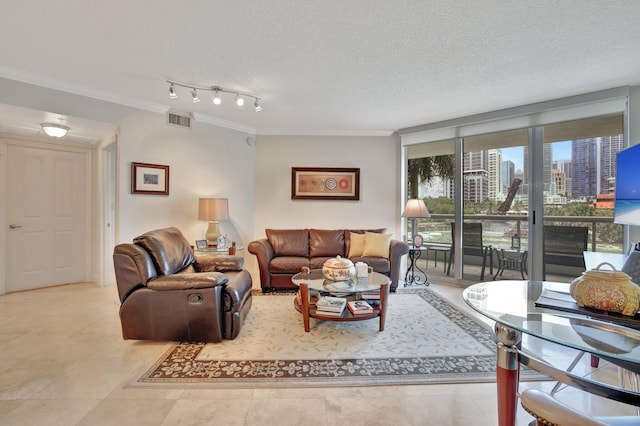 tiled living room featuring ornamental molding, track lighting, and a textured ceiling