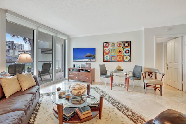 tiled living room with a textured ceiling and crown molding