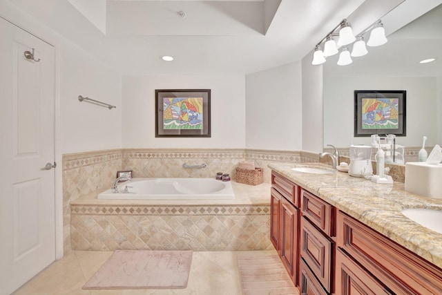 bathroom with a relaxing tiled bath, tile flooring, oversized vanity, and double sink