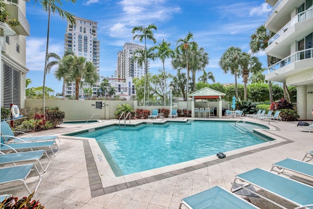 view of swimming pool featuring a patio