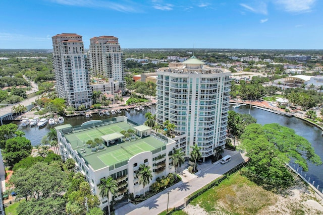 drone / aerial view with a water view