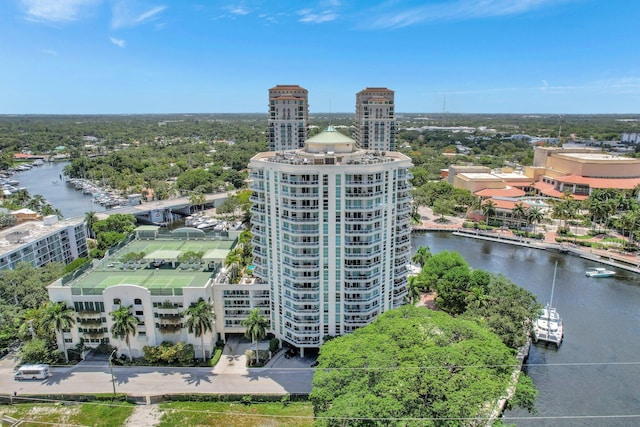 aerial view featuring a water view