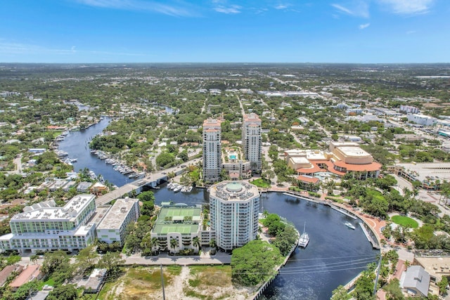 aerial view featuring a water view