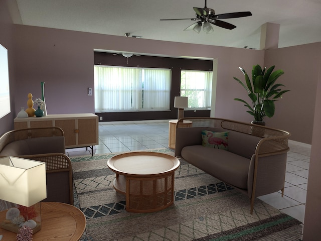 living room with ceiling fan and light tile patterned floors