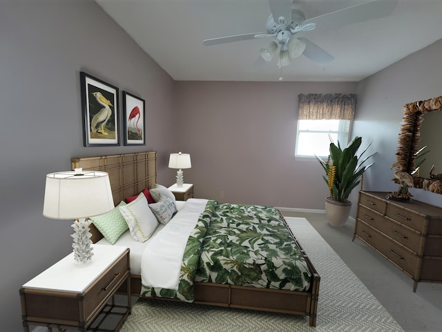 bedroom featuring ceiling fan and light carpet