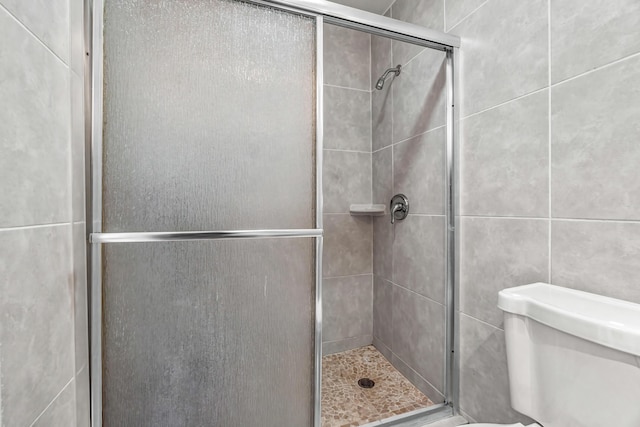 bathroom featuring a stall shower and toilet