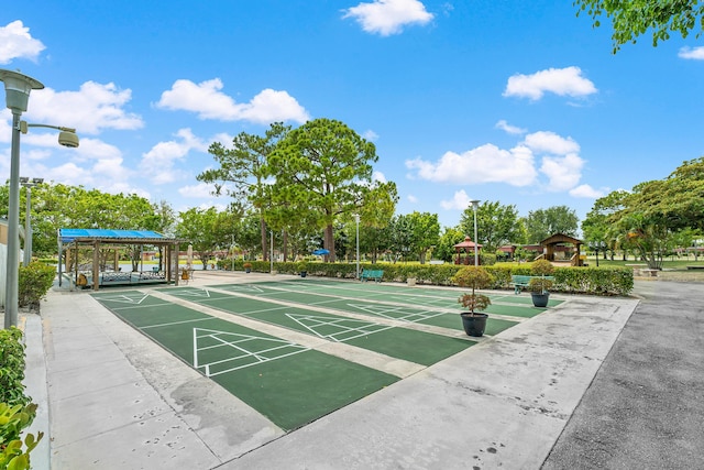 view of community featuring a gazebo and shuffleboard