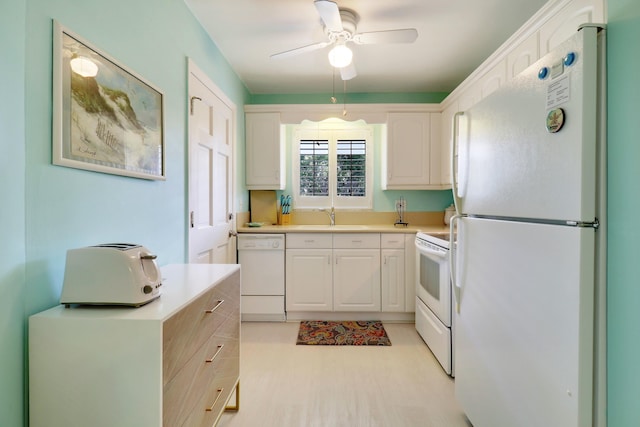 kitchen with ceiling fan, sink, white cabinets, and white appliances