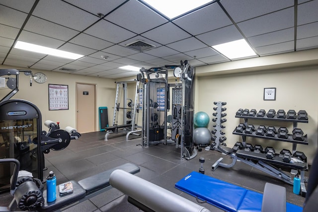 workout area featuring visible vents and a drop ceiling