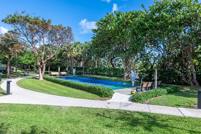 view of pool featuring a lawn