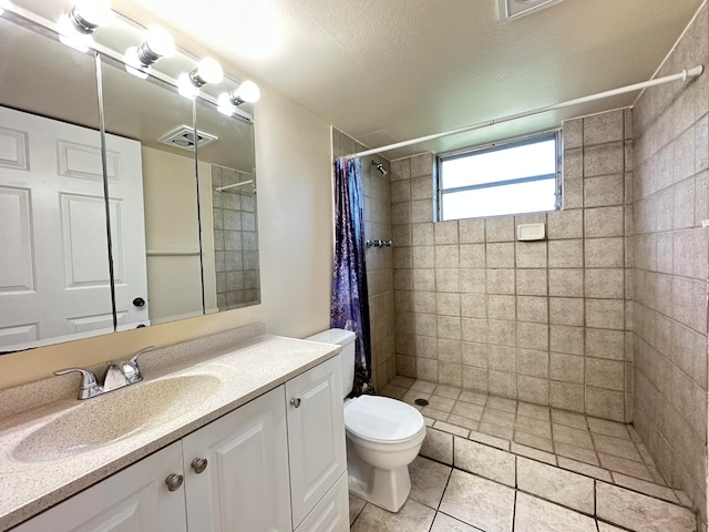 bathroom featuring a shower with curtain, vanity, toilet, and tile floors