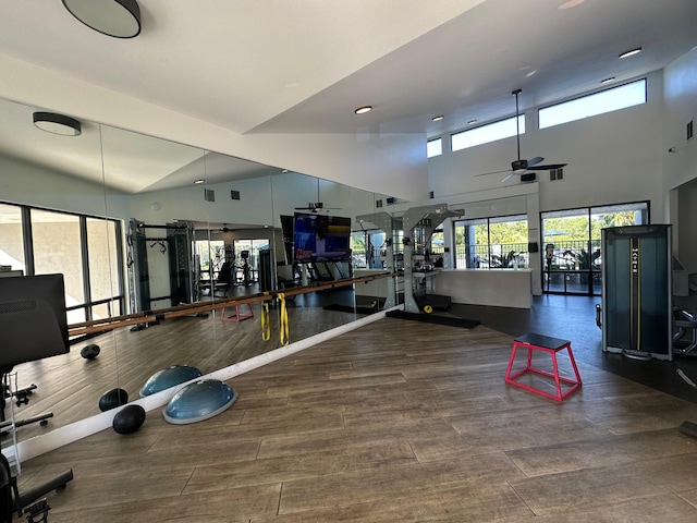 exercise room featuring a towering ceiling and ceiling fan